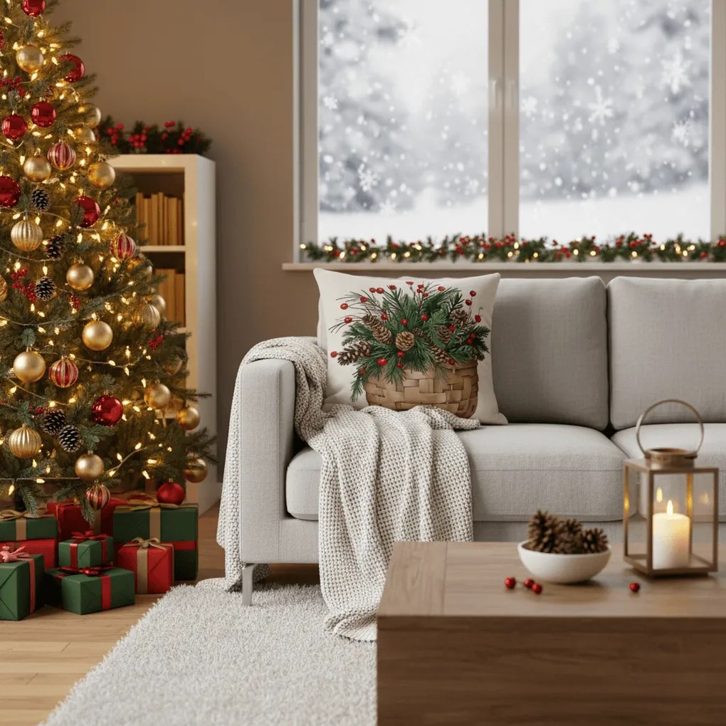 Vianočná obliečka na vankúš FOREST GIFT 45x45 cm, béžová