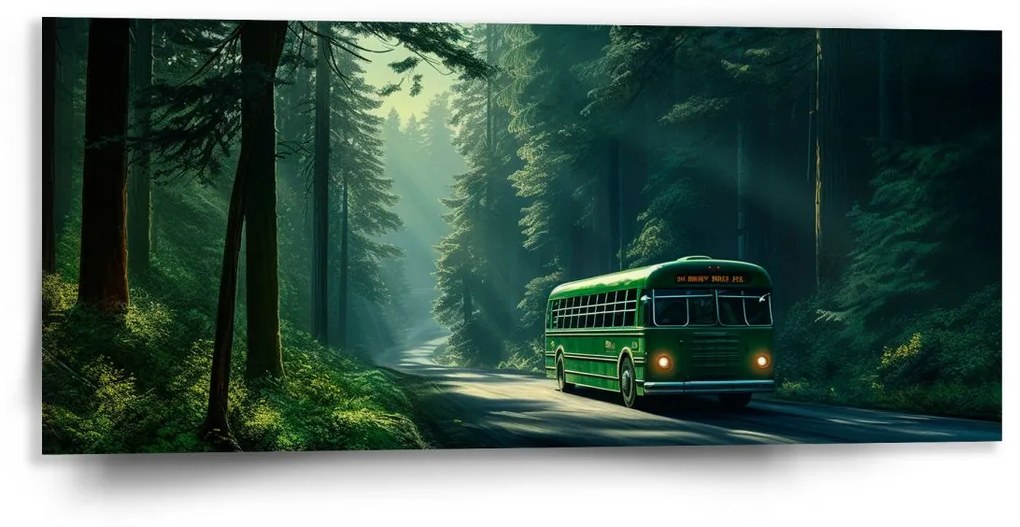 Sablio Obraz Zelený autobus v lese - 110x50 cm