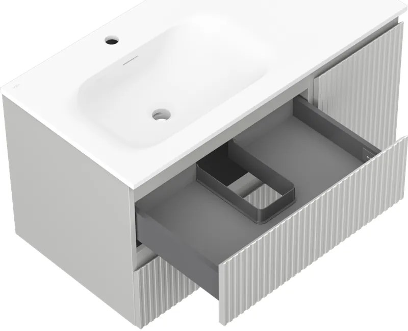 Mexen Rivel, kúpeľňová skrinka 90 cm s umývadlom Vela na ľavej strane, 2S, 1D, drážkovaná, sivá matná/biela matná - 91A23-09047-3-BBFFF62-W23L01