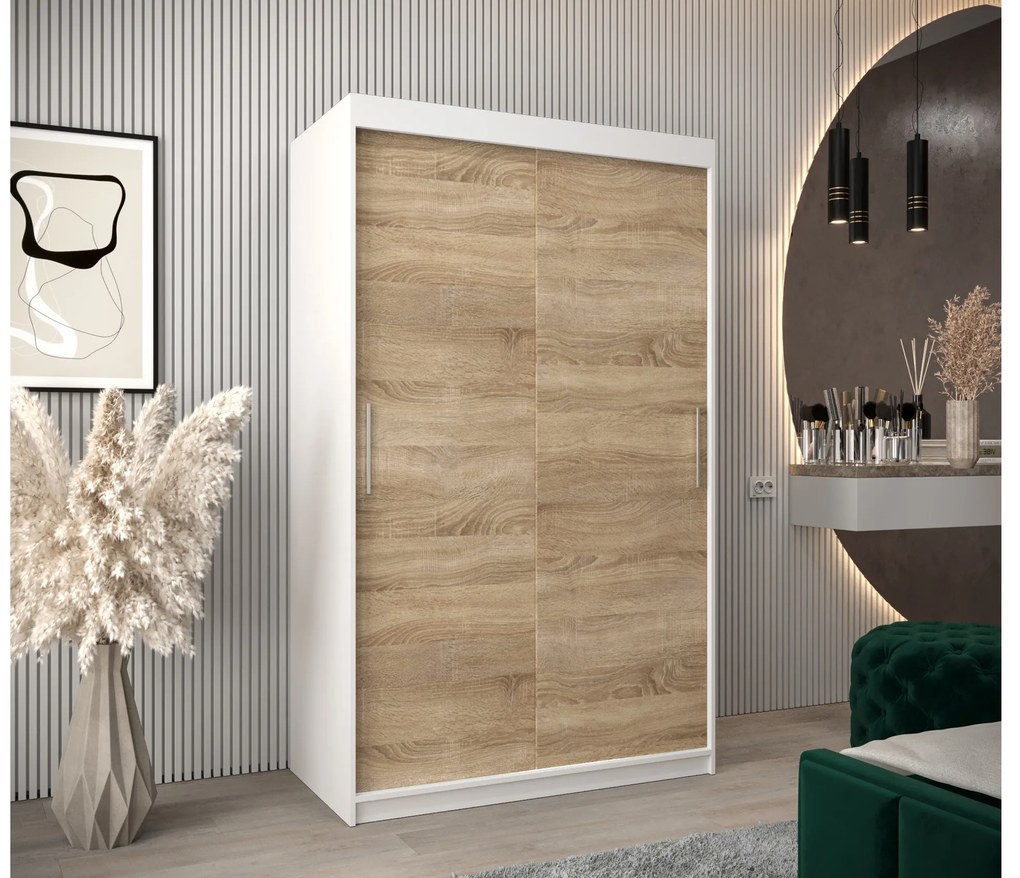 Šatníková skriňa 120 cm Toki (Biela matná + Dub sonoma). Akcia -42%. Vlastná spoľahlivá doprava až k Vám domov. 1064806