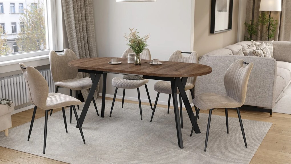 Mazzoni ALMO Hnedý dub / čierne nohy - OVÁLNY ROZKLADACÍ STÔL 140-240 cm PRE 10-12 OSÔB