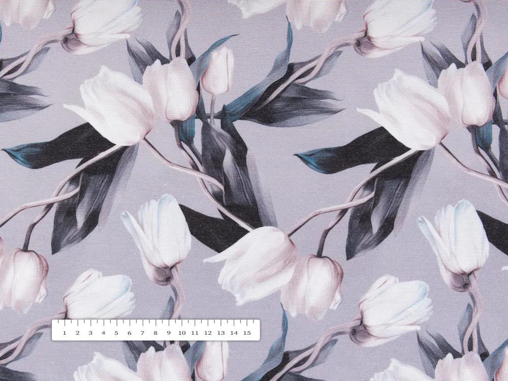 Biante Dekoračná obliečka na vankúš PML-034 Biele tulipány na sivom 50 x 50 cm
