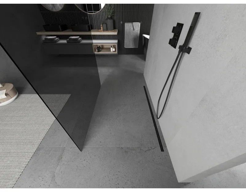 Mexen Kioto, priechodná sprchová zástena 100 x 200 cm, 8mm šedé sklo, 2x čierna stabilizačná rozpera, 800-100-002-70-40