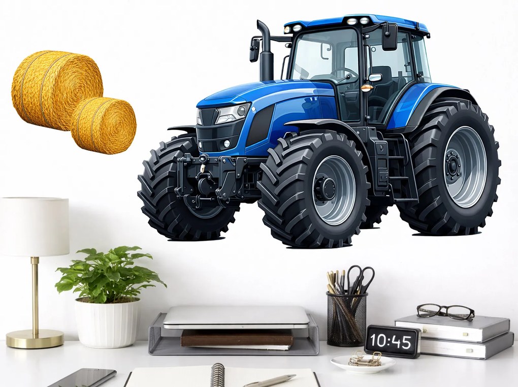 Modrý traktor textilní prelepiteľná nálepka na stenu hárok 46 x 30 cm