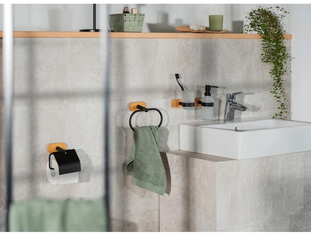 Samodržiaci sklenený téglik na zubné kefky v čiernej a prírodnej farbe Orea Bamboo – Wenko