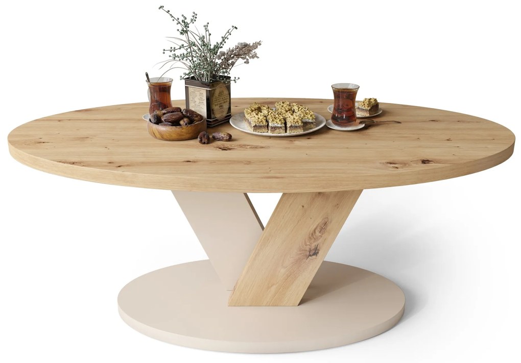 LOVA Dub Artisan/Béžový (Šampanské) - OVÁLNY KONFERENČNÝ STOLÍK 110 × 60 cm MODERNÝ KÁVOVÝ STOLÍK