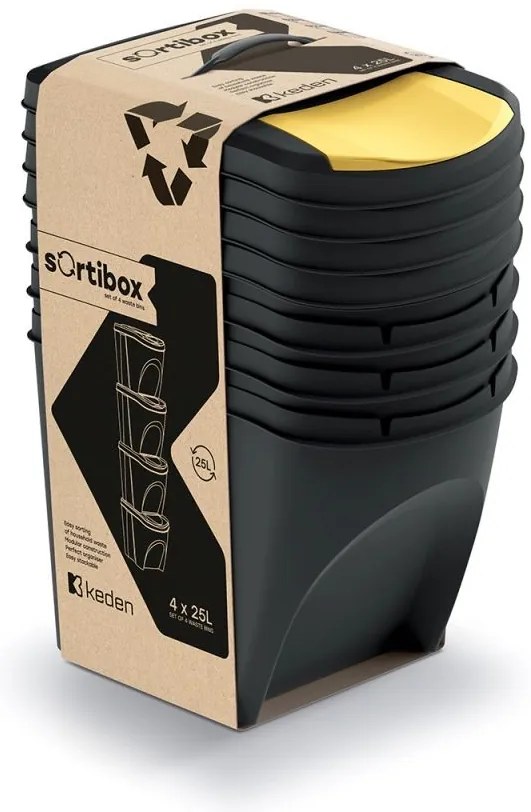 Odpadkový kôš na triedenie odpadu, 4ks x 25l SORTIBOX XL - čierne