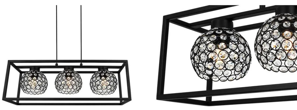 Závesné svietidlo Crystal cage, 3x čierne krištáľové tienidlo v kovovom ráme