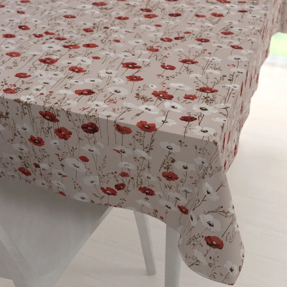Biante Bavlnený obdĺžnikový obrus Sandra SA-631 Červeno-biele vlčie maky na sivobéžovom 50x100 cm