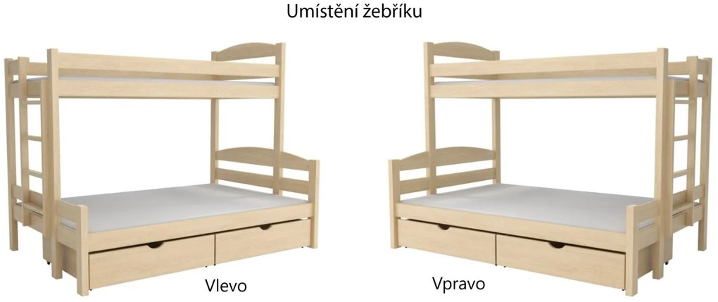 Detská poschodová posteľ z masívu borovice s rozšíreným spodným lôžkom SAVANA so šuplíkmi - 200x90/140 cm - PRÍRODNÁ BOROVICA