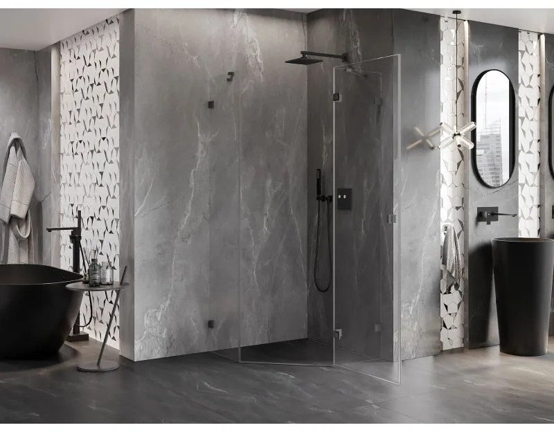 Mexen Lunar, výklopný päťuholníkový sprchový kút pravý 90 x 90 cm, 8mm číre sklo, grafitový profil, 831-090P-090L-95-00-P