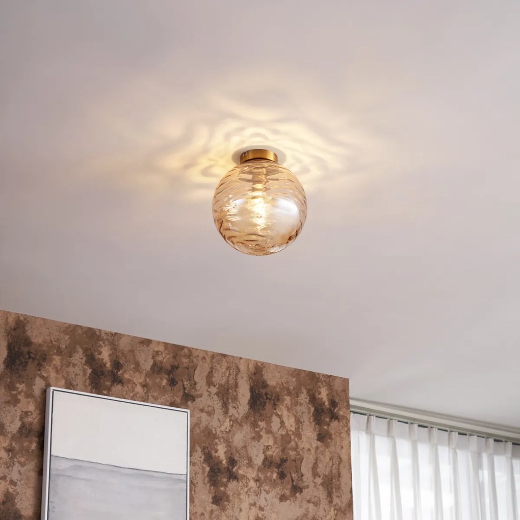 Dizajnové stropné svietidlo mosadz s jantárovým prechodovým sklom - Pillon