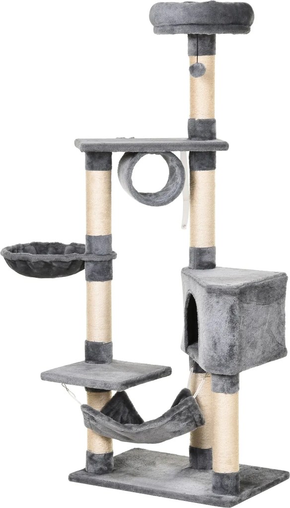 PawHut Mačací škrabadlo výška 154 cm s platformami, tunelom, hamakom a sisalovými škrabacími stĺpmi 60x40x154 cm sivé | Aosom