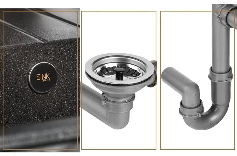 Sink Quality Ferrum, kuchynský granitový drez 770x450x190 mm + zlatý sifón, čierna, SKQ-FER.C.1KDO.XG