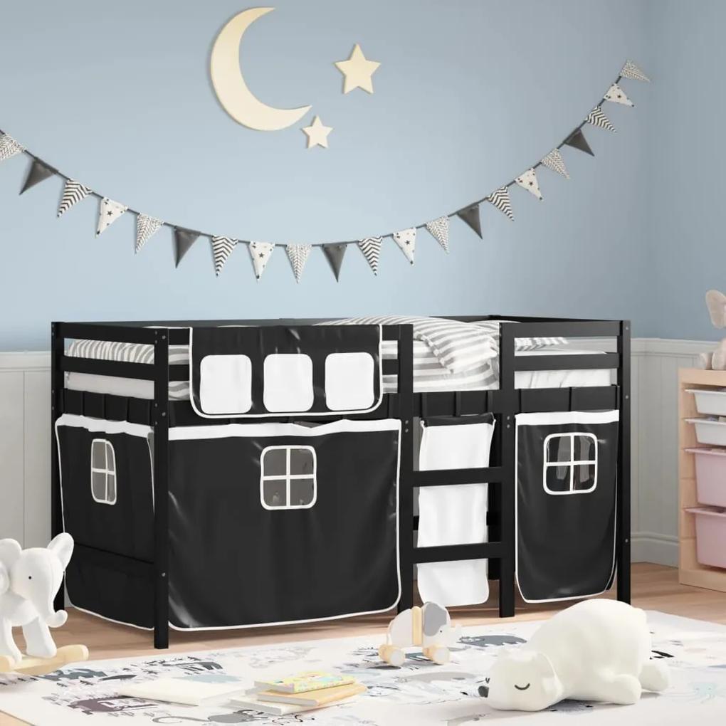 Detská vyvýšená posteľ závesy bielo-čierna 90x200 cm borovica 3283823