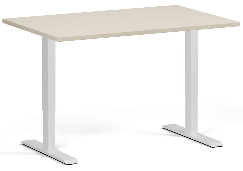 Výškovo nastaviteľný stôl, 120x80 cm, 1 motor, biela podnož, breza