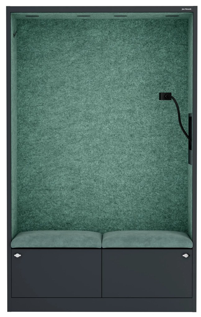 Kancelárska akustická kabína so sedadlom a portom USB-C, telo v antracitovej farbe / sedadlo v zelenej farbe, 1150 mm: SALLY MentalBox