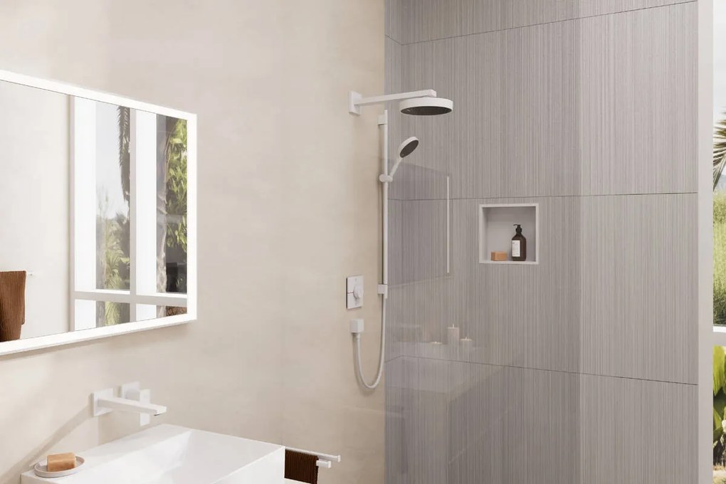 Hansgrohe Rainfinity, sprchová sada 130 3jet EcoSmart s tyčou S Puro 90 cm, biela matná, HAN-28744700
