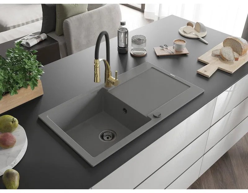 Mexen Leo, granitový drez 900x500x190 mm, 1-komorový a drezová batéria Aster, šedá, 6501-71-73450-57-B