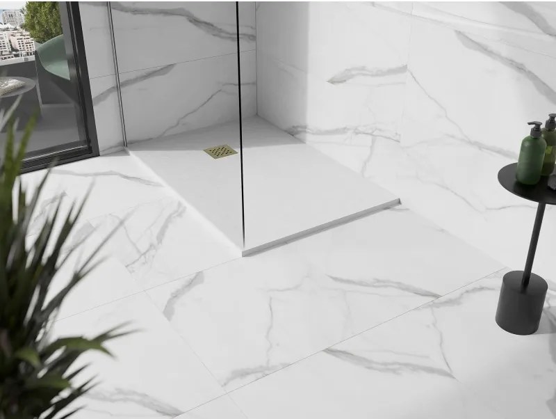 Mexen Stone+, obdĺžniková vanička z minerálneho kompozitu 90 x 80 cm, biela, zlatá lesklá krytka, 44108090-G