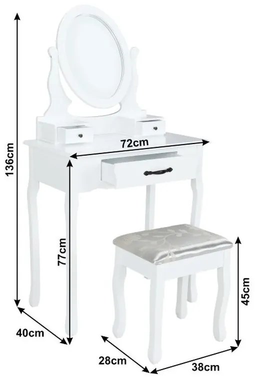 Kondela Toaletný stolík, LINET NEW, s taburetom, biela/strieborná