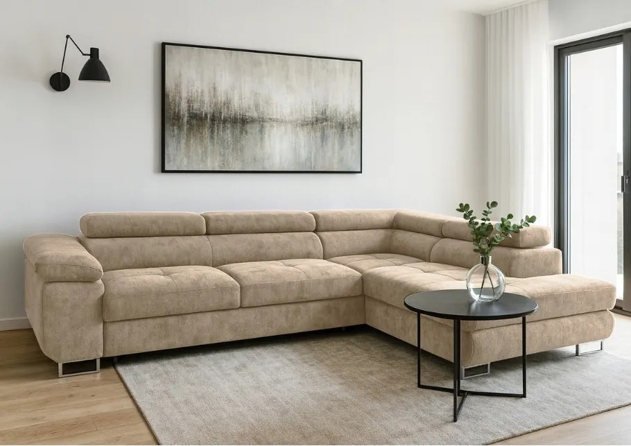 Moderná rohová sedačka s funkciou spania Avesta pravá s pikami béžová ženilka