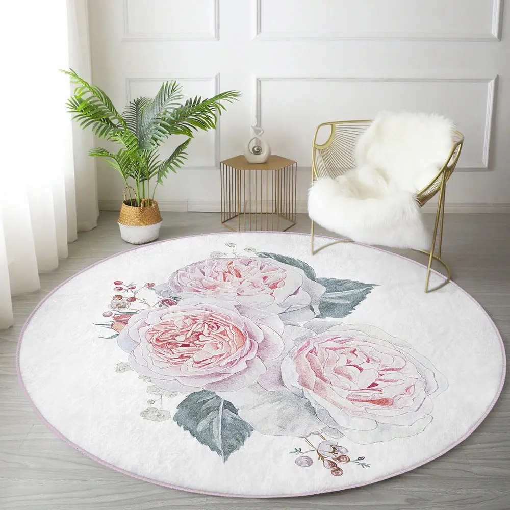 Bielo-ružový prateľný okrúhly koberec vhodný pre robotické vysávače ø 120 cm Comfort – Mila Home