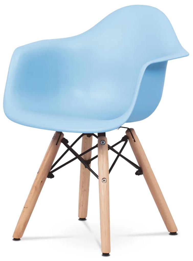 Detská stolička, svetlo modrá plastová škrupina, nohy masív buk, prírodný odtieň