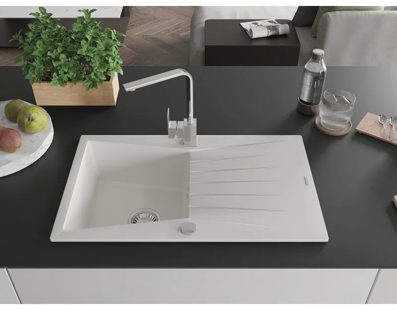 Mexen Cesar, granitový drez 775x470x190 mm, 1-komorový, biela s chrómovým sifónom a chrómová drezová batéria Rita, 6514-20-670300-00