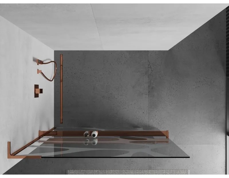 Mexen Kioto+ L, sprchová zástena Walk-In s poličkou a vešiakom 100 x 200 cm, 8mm číre sklo biely vzor, ružové zlato profil, 800-100-123-60-97