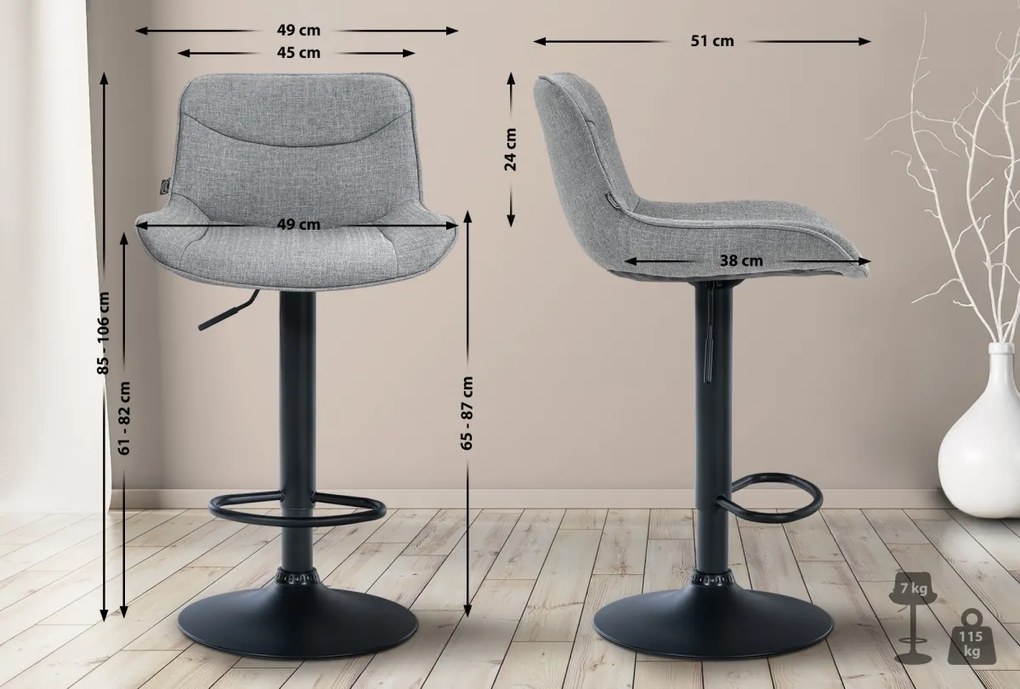 Design-Shop 2x Barová stolička Vonore - látka, čierny rám - Sivá