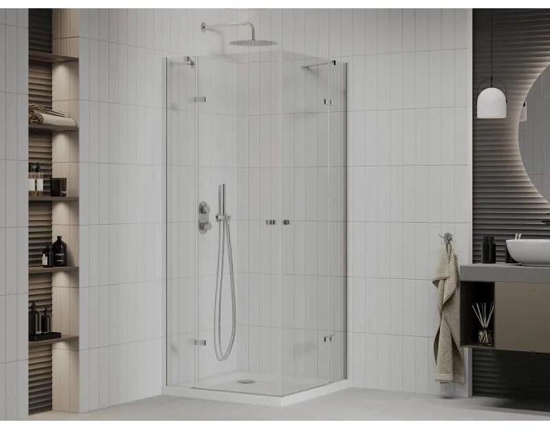 Mexen Roma Duo, sprchovací kút s 2-krídlovými dverami 100 (dvere) x 100 (dvere) cm, 6mm číre sklo, chrómový profil + slim sprchová vanička 5cm biela, 854-100-100-01-02-4010