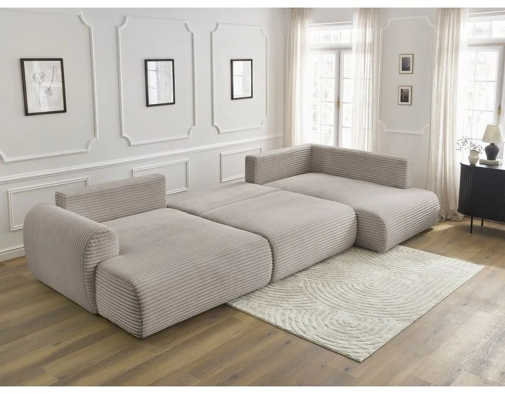 Svetlosivá/béžová menčestrová rozkladacia/s úložným priestorom rohová pohovka (pravý roh/do tvaru "U") Lucien – Bobochic Paris