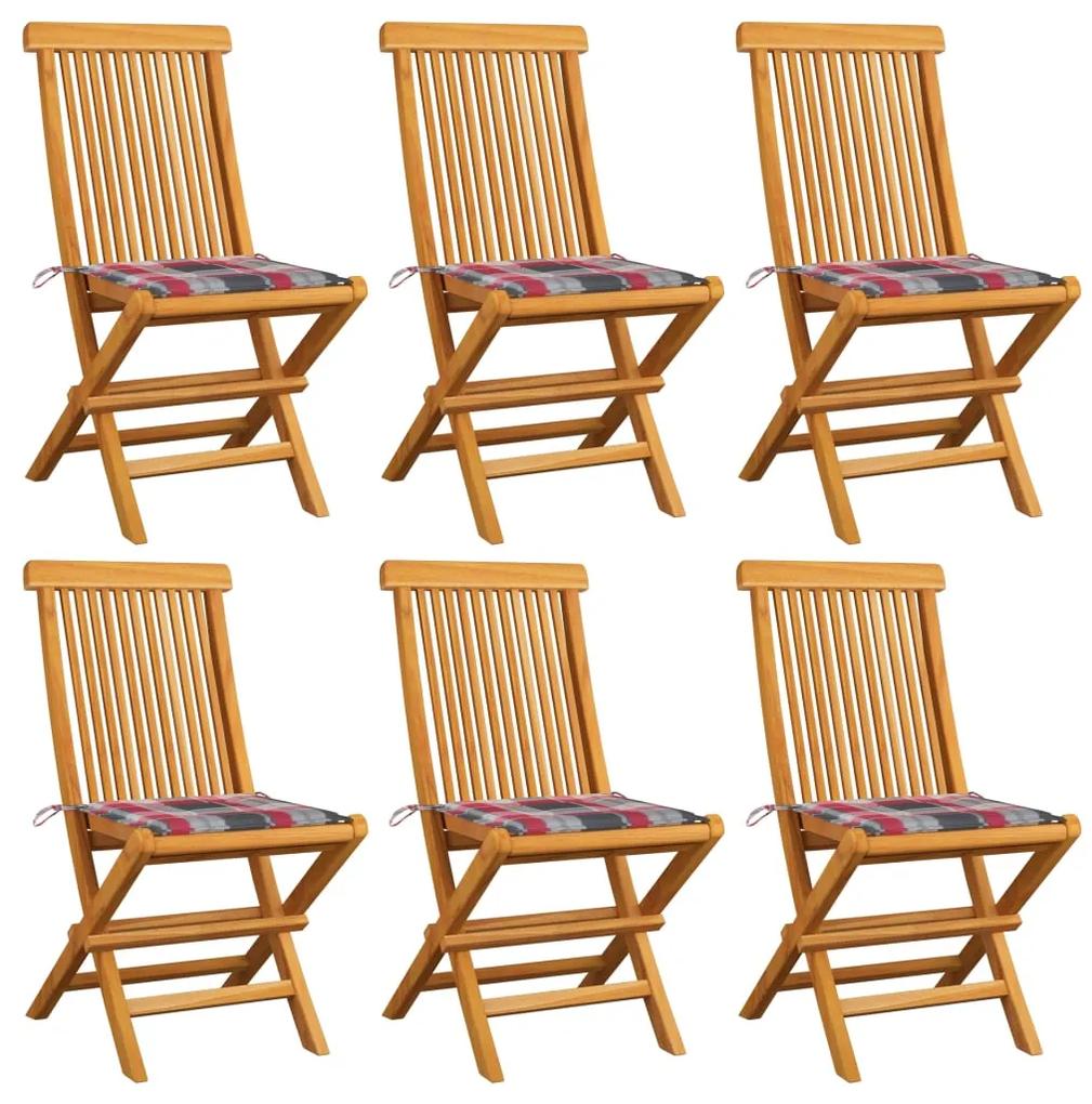 vidaXL Záhradné stoličky+červené kockované podložky 6 ks, tíkový masív