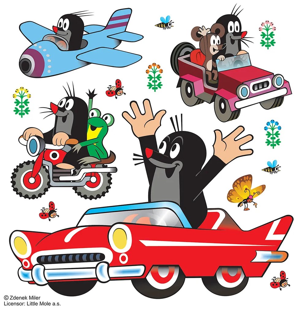 Detská samolepka na stenu - Krtko v aute - 30x30 cm
