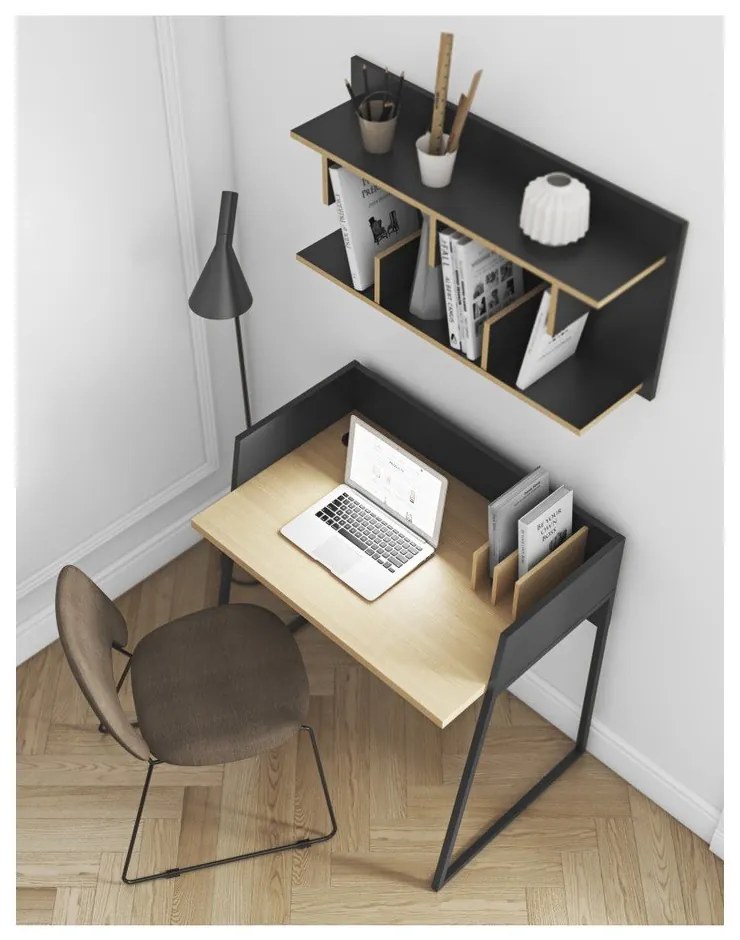 Čierny pracovný stôl s detailmi v dekore dubového dreva TemaHome Volga