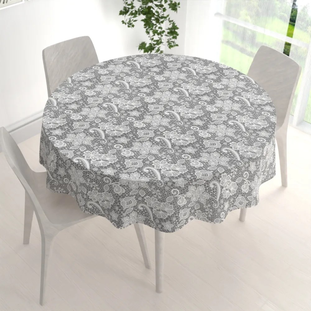 Biante Bavlnený okrúhly obrus Sandra SA-550 Biela krajka na sivom Ø 70 cm