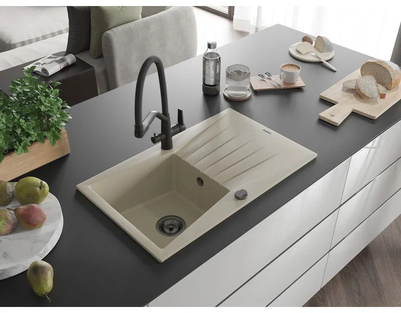 Mexen Cesar, 1-komorový granitový drez 775x470x190 mm a drezová batéria Duo, béžová, 6514-69-671701-70-B