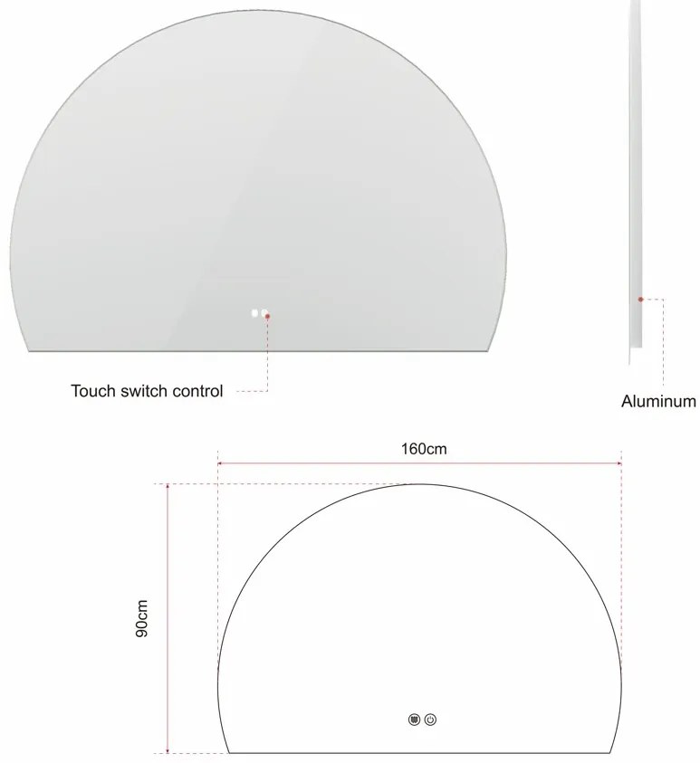 Erga Kori, polkruhové LED zrkadlo 90x160cm, 3450 lm, 3 farby svetla, ERG-V01-KORI-9016-CL