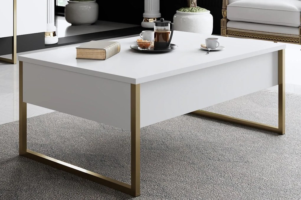 Dizajnový konferenčný stolík LUXE 90 cm, MDF, biely, matný zlatý