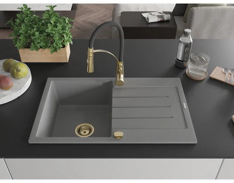 Mexen Bruno, 1-komorový granitový drez 795x495x200 mm a drezová batéria Aster, šedá, 6513-71-73450-57-G