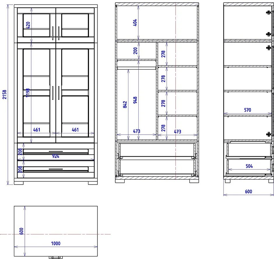 Veľká šatníková skriňa s 2 zásuvkami a nadstavcom, 100x60x216 cm Police vpravo