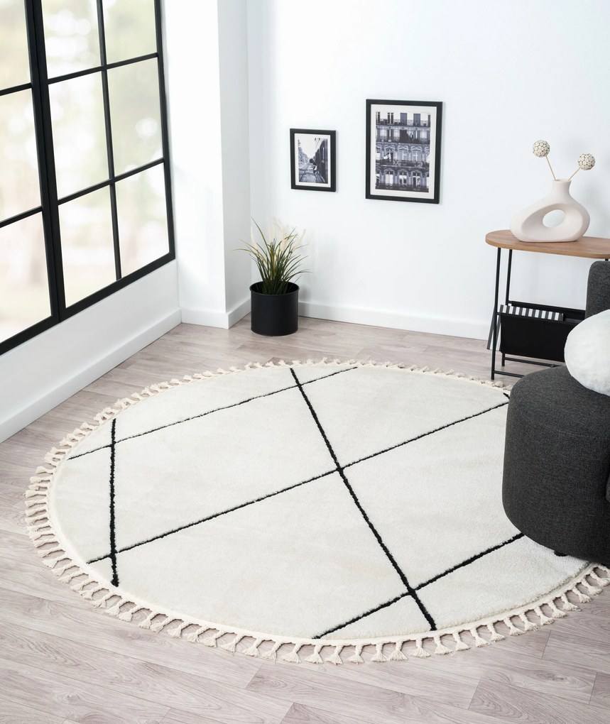 Kusový koberec Moroccan Charm weiß kruh, 190x190 (průměr) kruh, čiernobiela, obývacia izba, My Flair