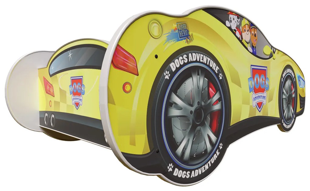 TOP BEDS Detská auto posteľ Racing Car Hero - Dogs Adventure žltá 160cm x 80cm