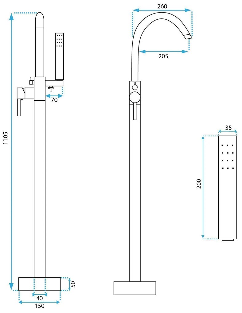 Rea Lungo, voľne stojaca batéria s ručnou sprchovou súpravou h-1105, grafitová, REA-B6396