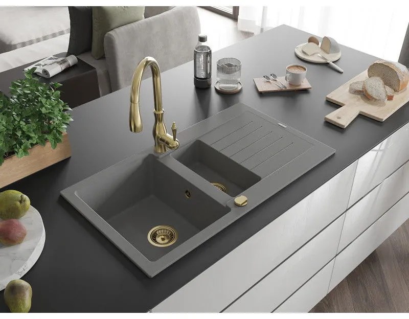Mexen Matias, 1,5-komorový granitový drez 900x505x200 mm a drezová batéria Savita, šedá, 6502-71-672601-50