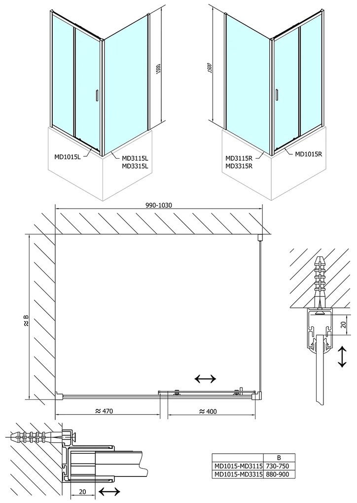 Polysan, DEEP sprchová bočná stena 900 x 1500 mm, číre sklo, MD3315