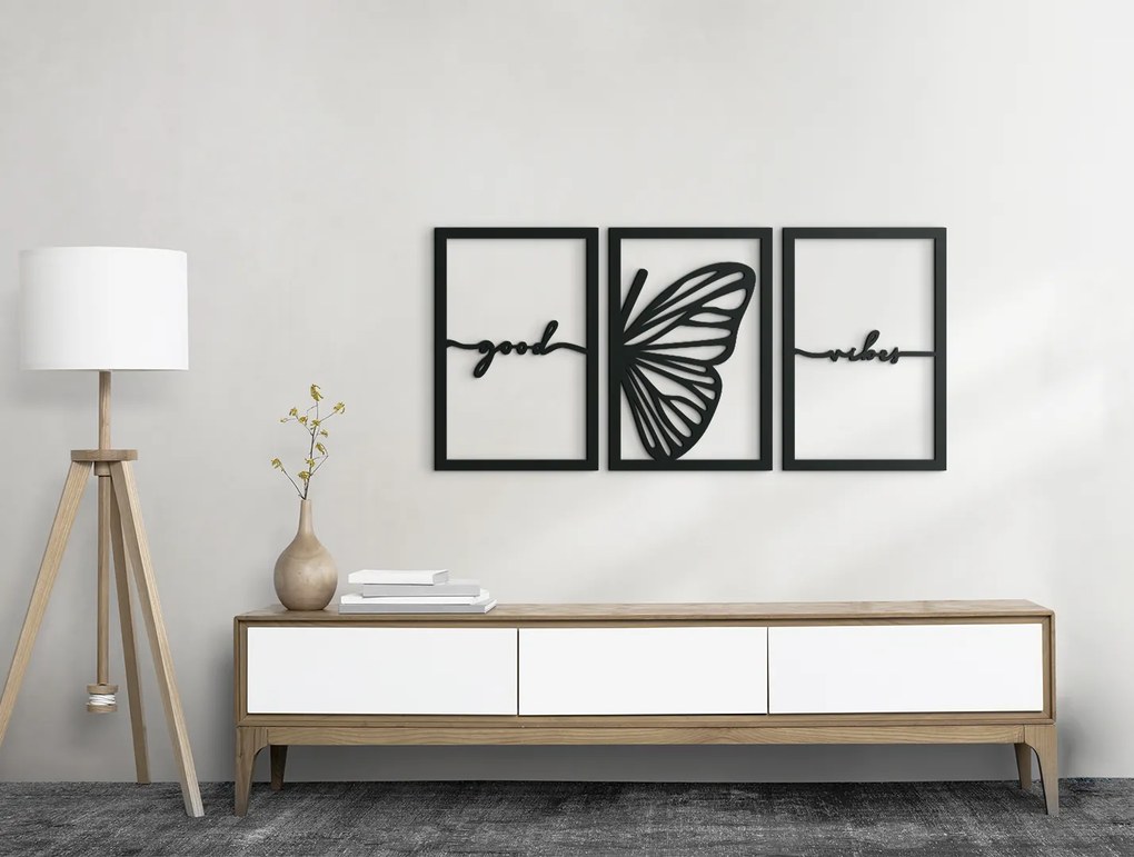 drevko 3-dielny obraz na stenu Good vibes Rozmer obrazu: 31 x 65 cm, Farba dekorácie: Čierna