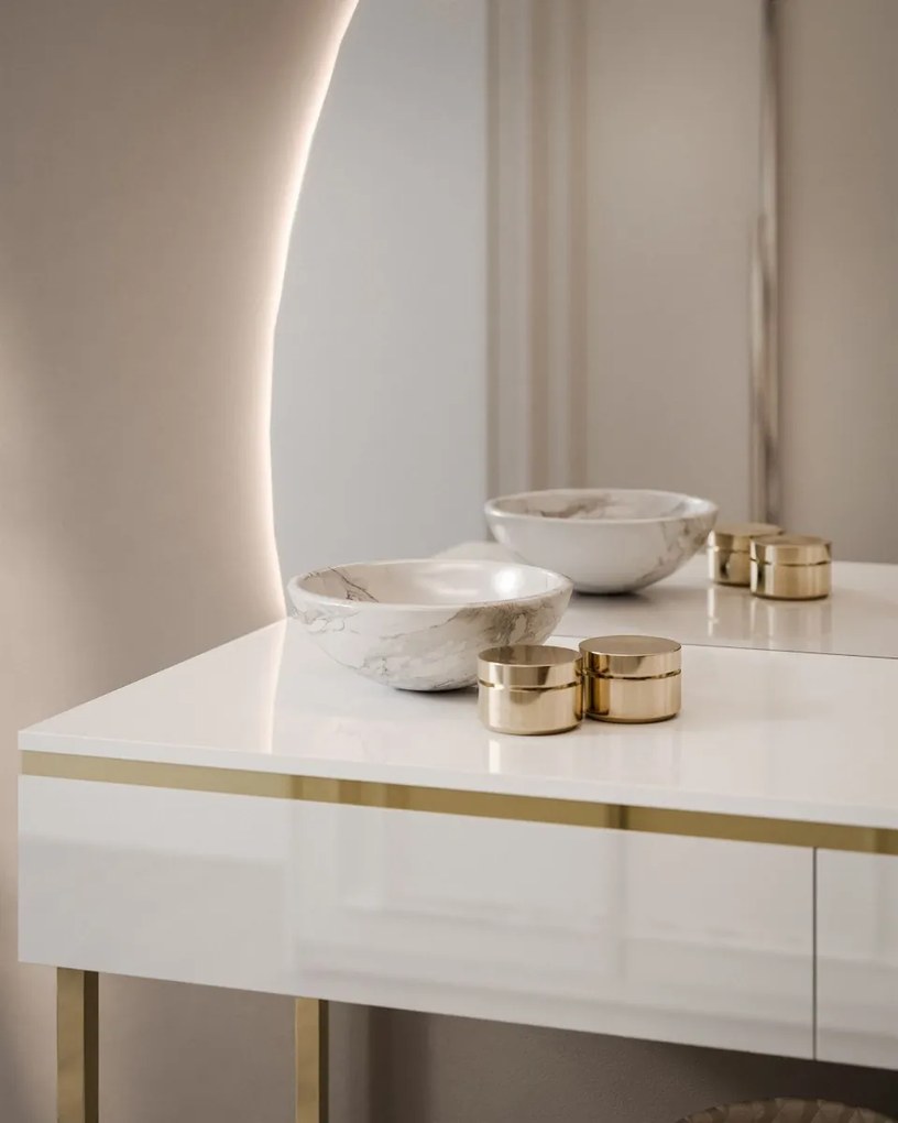 TOALETNÝ STOLÍK NESSIE BIELY LESK ĽAVÝ + ZLATÝ PODSTAVEC + ZRKADLO POLMESIAC