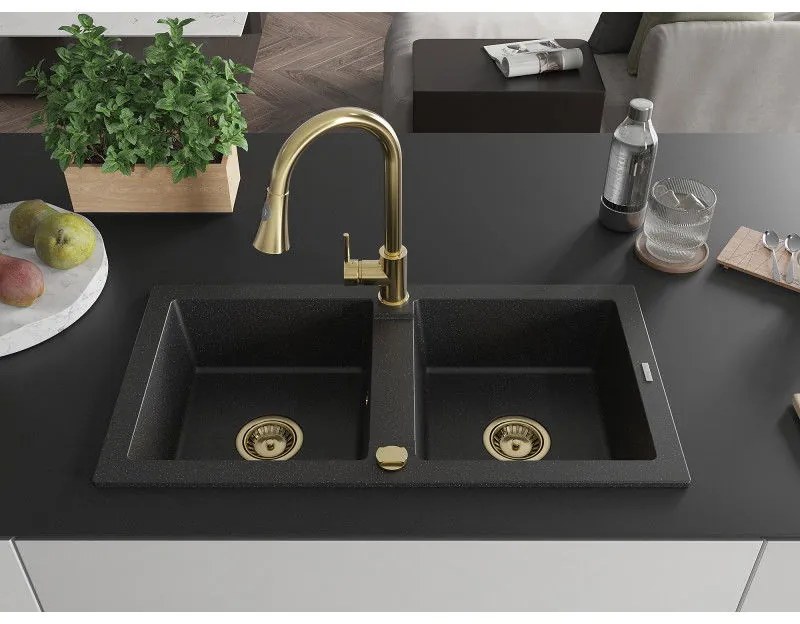 Mexen Mario, 2-komorový granitový drez 820x436x161 mm a drezová batéria Elia, čierna-strieborná metalíza, 6504-73-670101-50
